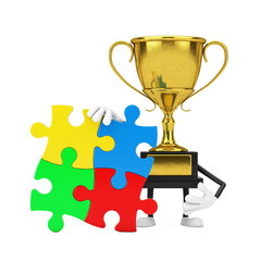 Sticker - Golden Award Winner Trophy Character Mascot Person with Four Pieces of Colorful Jigsaw Puzzle. 3d Rendering