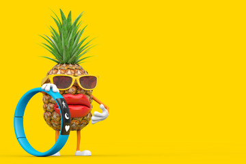 Aufkleber - Fun Cartoon Fashion Hipster Cut Pineapple Person Character Mascot with Blue Fitness Tracker. 3d Rendering