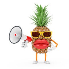 Aufkleber - Fun Cartoon Fashion Hipster Cut Pineapple Person Character Mascot with Red Retro Megaphone. 3d Rendering