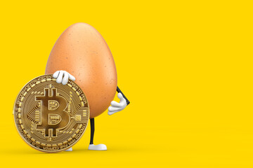 Poster -  Brown Chicken Egg Person Character Mascot with Digital and Cryptocurrency Golden Bitcoin Coin. 3d Rendering