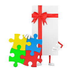Aufkleber - White Gift Box and Red Ribbon Character Mascot Person with Four Pieces of Colorful Jigsaw Puzzle. 3d Rendering