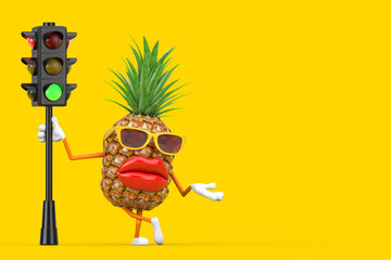 Aufkleber - Fun Cartoon Fashion Hipster Cut Pineapple Person Character Mascot with Traffic Green Light. 3d Rendering