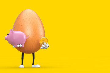 Aufkleber -  Brown Chicken Egg Person Character Mascot with Piggy Bank and Golden Dollar Coin. 3d Rendering