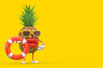 Poster - Fun Cartoon Fashion Hipster Cut Pineapple Person Character Mascot with Life Buoy. 3d Rendering
