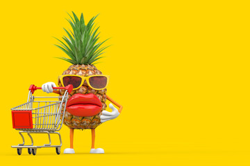 Poster - Fun Cartoon Fashion Hipster Cut Pineapple Person Character Mascot with Shopping Cart Trolley. 3d Rendering
