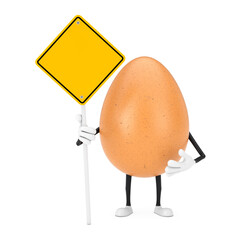 Poster -  Brown Chicken Egg Person Character Mascot with Yellow Road Sign and Free Space for Yours Design. 3d Rendering