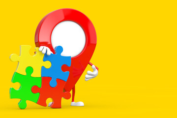 Aufkleber - Red Map Pointer Target Pin Person Character Mascot with Four Pieces of Colorful Jigsaw Puzzle. 3d Rendering