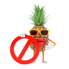 Fototapete - Fun Cartoon Fashion Hipster Cut Pineapple Person Character Mascot with Red Prohibition or Forbidden Sign. 3d Rendering