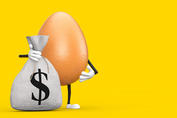 Poster -  Brown Chicken Egg Person Character Mascot with Tied Rustic Canvas Linen Money Sack or Money Bag with Dollar Sign. 3d Rendering