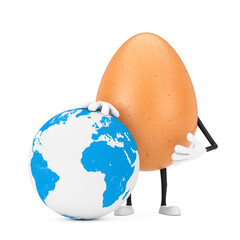 Poster -  Brown Chicken Egg Person Character Mascot with Earth Globe. 3d Rendering