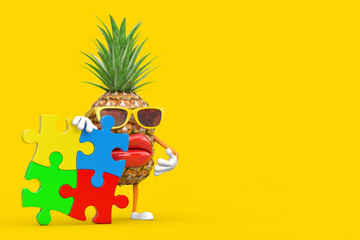 Aufkleber - Fun Cartoon Fashion Hipster Cut Pineapple Person Character Mascot with Four Pieces of Colorful Jigsaw Puzzle. 3d Rendering