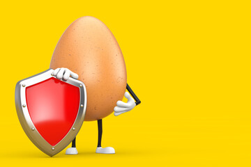 Poster -  Brown Chicken Egg Person Character Mascot with Red Metal Protection Shield. 3d Rendering