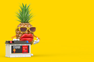 Aufkleber - Fun Cartoon Fashion Hipster Cut Pineapple Person Character Mascot and Rechargeable Car Battery 12V Accumulator with Abstract Label. 3d Rendering