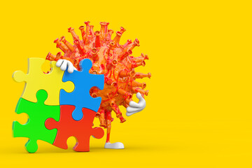 Poster - Cartoon Coronavirus COVID-19 Virus Character Mascot Person with Four Pieces of Colorful Jigsaw Puzzle. 3d Rendering