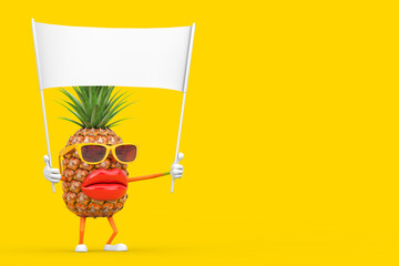 Poster - Fun Cartoon Fashion Hipster Cut Pineapple Person Character Mascot and Empty White Blank Banner with Free Space for Your Design. 3d Rendering