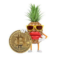Poster - Fun Cartoon Fashion Hipster Cut Pineapple Person Character Mascot with Digital and Cryptocurrency Golden Bitcoin Coin. 3d Rendering