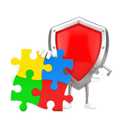 Aufkleber - Red Metal Protection Shield Person Character Mascot with Four Pieces of Colorful Jigsaw Puzzle. 3d Rendering