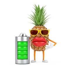 Poster - Fun Cartoon Fashion Hipster Cut Pineapple Person Character Mascot with Abstract Charging Battery. 3d Rendering