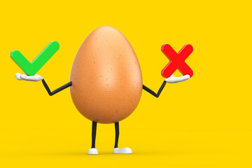 Poster -  Brown Chicken Egg Person Character Mascot with Red Cross and Green Check Mark, Confirm or Deny, Yes or No Icon Sign. 3d Rendering