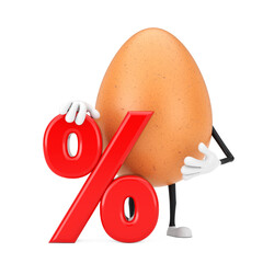 Poster -  Brown Chicken Egg Person Character Mascot with Red Retail Percent Sale or Discount Sign. 3d Rendering