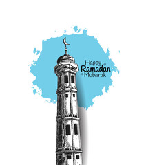 Wall Mural - Ramadan Mubarak with mosque tower illustration hand drawn isolated on white background blue round brush