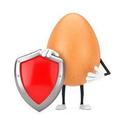 Poster -  Brown Chicken Egg Person Character Mascot with Red Metal Protection Shield. 3d Rendering
