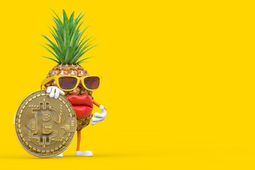 Poster - Fun Cartoon Fashion Hipster Cut Pineapple Person Character Mascot with Digital and Cryptocurrency Golden Bitcoin Coin. 3d Rendering