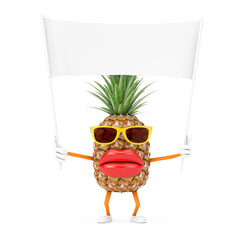 Poster - Fun Cartoon Fashion Hipster Cut Pineapple Person Character Mascot and Empty White Blank Banner with Free Space for Your Design. 3d Rendering