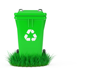 Poster - Recycle Sign Green Garbage Trash Bin in Green Grass. 3d Rendering