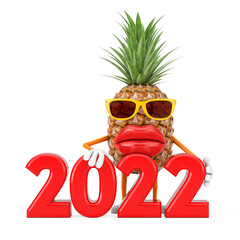 Poster - Fun Cartoon Fashion Hipster Cut Pineapple Person Character Mascot with 2022 New Year Sign. 3d Rendering