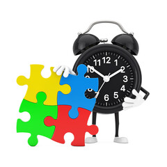 Poster - Alarm Clock Person Character Mascot with Four Pieces of Colorful Jigsaw Puzzle. 3d Rendering