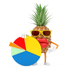 Aufkleber - Fun Cartoon Fashion Hipster Cut Pineapple Person Character Mascot with Info Graphics Business Pie Chart. 3d Rendering
