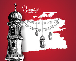 Canvas Print - Ramadan Mubarak. mosque tower, lantern and ribbon isolated on red background white brush