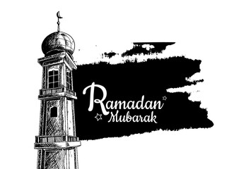 Wall Mural - Ramadan Mubarak. mosque tower isolated on white background black brush