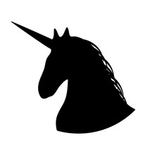 Unicorn Head Silhouette. Black Mythical Horse With Proud Sharp Horn Wild And Freedom Loving Mystical Vector Animal.