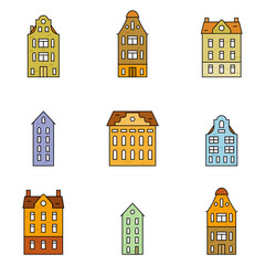 Set of colorful old historical buildings. Simple seamless pattern with european holland houses. Vector illustration in flat style