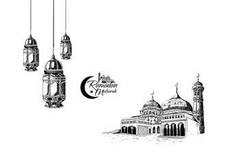 Wall Mural - Ramadan Mubarak with mosque illustration and lantern isolated on white background