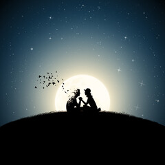 Lovers on moonlight night. Death and afterlife. Full moon silhouette