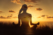 © kieferpix - Young woman mediating facing the sunset sky. Double exposure