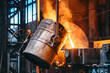 Metal casting process in foundry, liquid metal pouring from container to mold with clubs of steam and sparks, heavy metallurgy industry background.