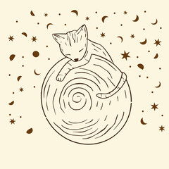 Wall Mural - Celestial cat sacred astrology boho esoteric line art. Nursery animal outline art.