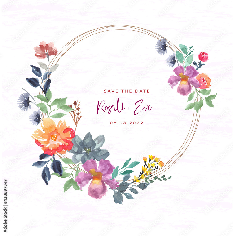 colorful floral wreath watercolor with circle frame Stock Vector ...