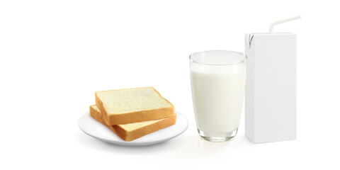 1 box of milk, 1 glass of fresh milk with 2 soft breads, sliced on a plate on a white background