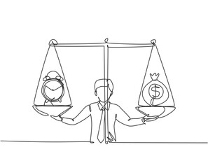 Wall Mural - single continuous line drawing young business man weight money bag and analog clock with scale. mini