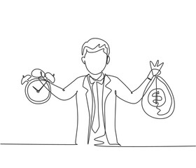 Wall Mural - single continuous line drawing young business man holding money bag and alarm clock with his hands. 