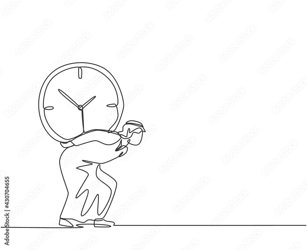 Continuous one line drawing young Arab male worker shouldered heavy big ...
