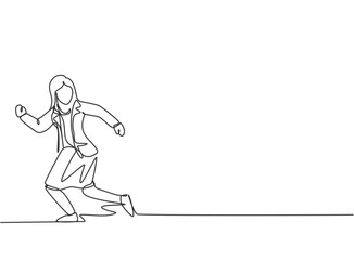 Wall Mural - Continuous one line drawing young woman worker running chased by work deadline. Business time management discipline metaphor concept. Single line draw design vector graphic illustration.