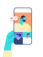 Wall Mural - hand using mobile app for virtual conference meeting friends discussing during video call on smartph