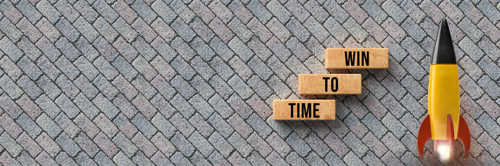 Wall Mural - cubes with message TIME TO WIN and a starting rocket on stone pavement background