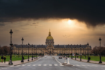 Paris, France - Dec 2017: Gardens, palace and dome forming the Esplanade des Invalides in Paris. Known as the “City of Light”, is one of the most awesome world’s cultural center. Northern France.